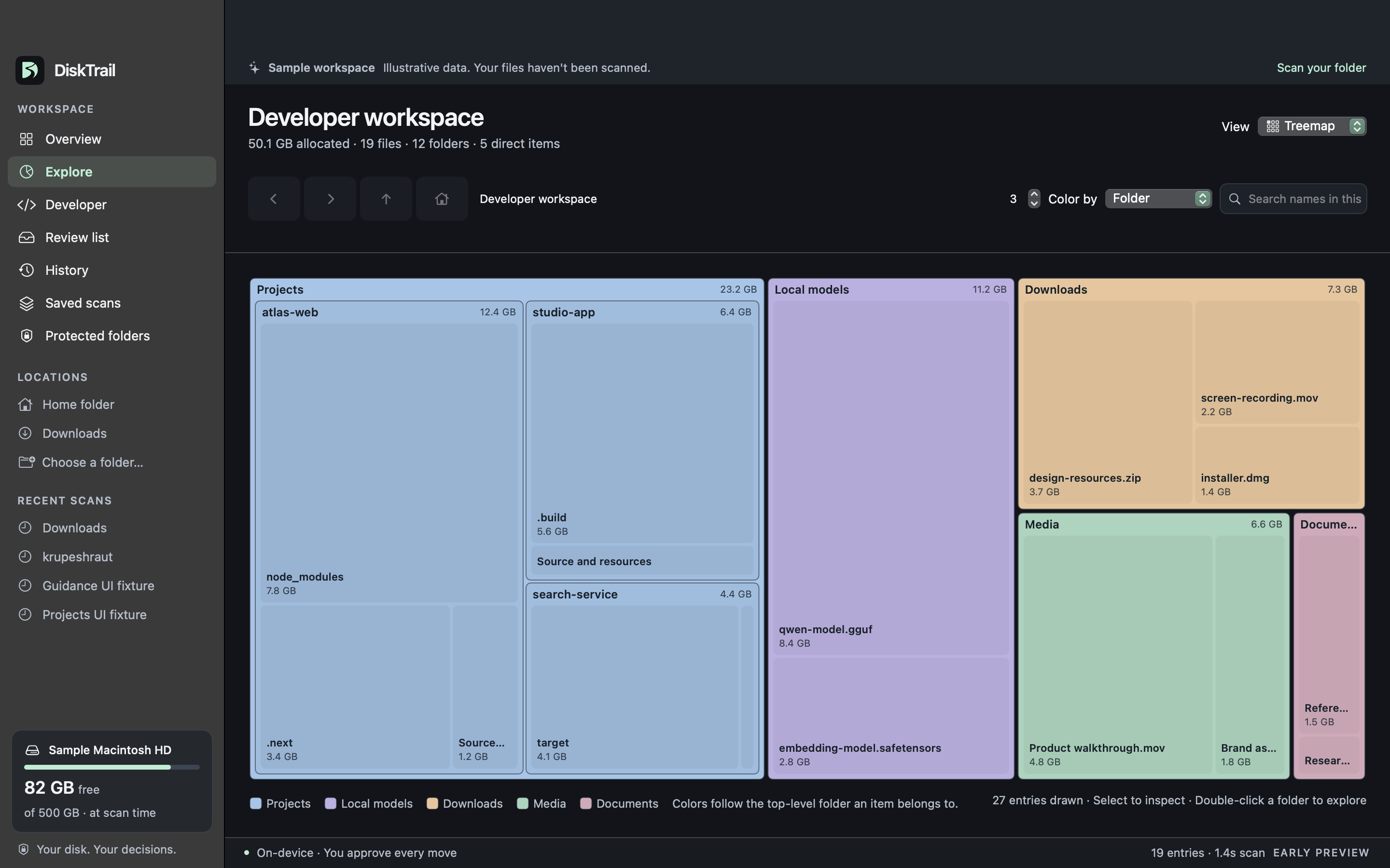 DiskTrail’s Treemap view showing a sample Mac workspace, sized folders, and the review inspector.